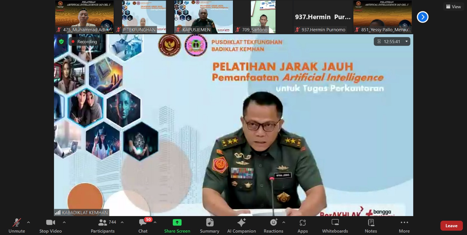 Kabadiklat Kemhan Tutup Pelatihan Artificial Intelligence Untuk Tugas Perkantoran yang Digelar Oleh Pusdiklat Tekfunghan