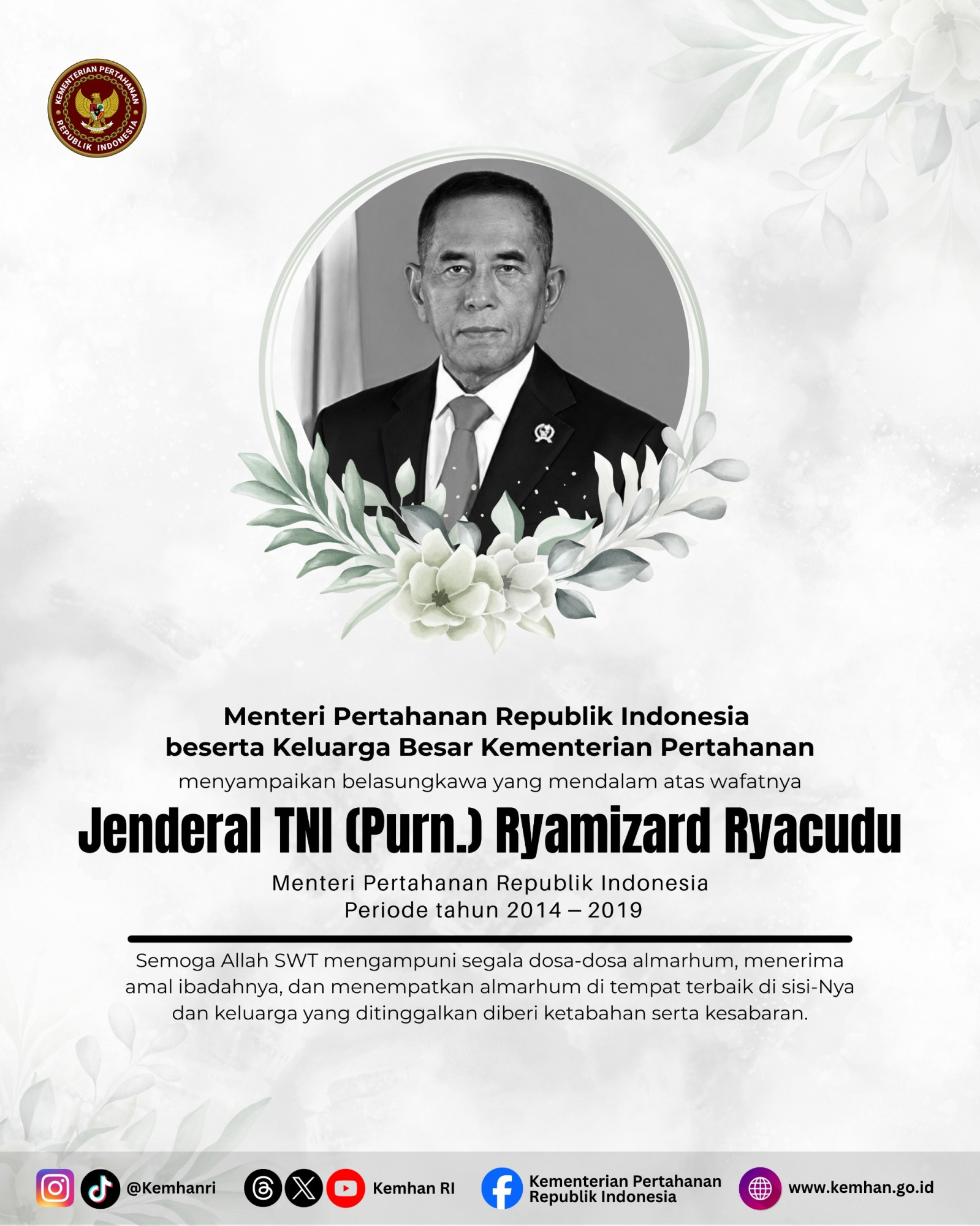 Kementerian Pertahanan Berduka, Jenderal TNI (Purn) Ryamizard Ryacudu Wafat